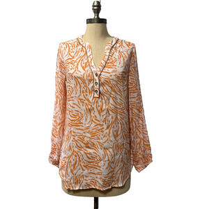 Susan Graver Passport Tangerine Twist Tunic Top Orange White Flowy Blouse Sz XXS